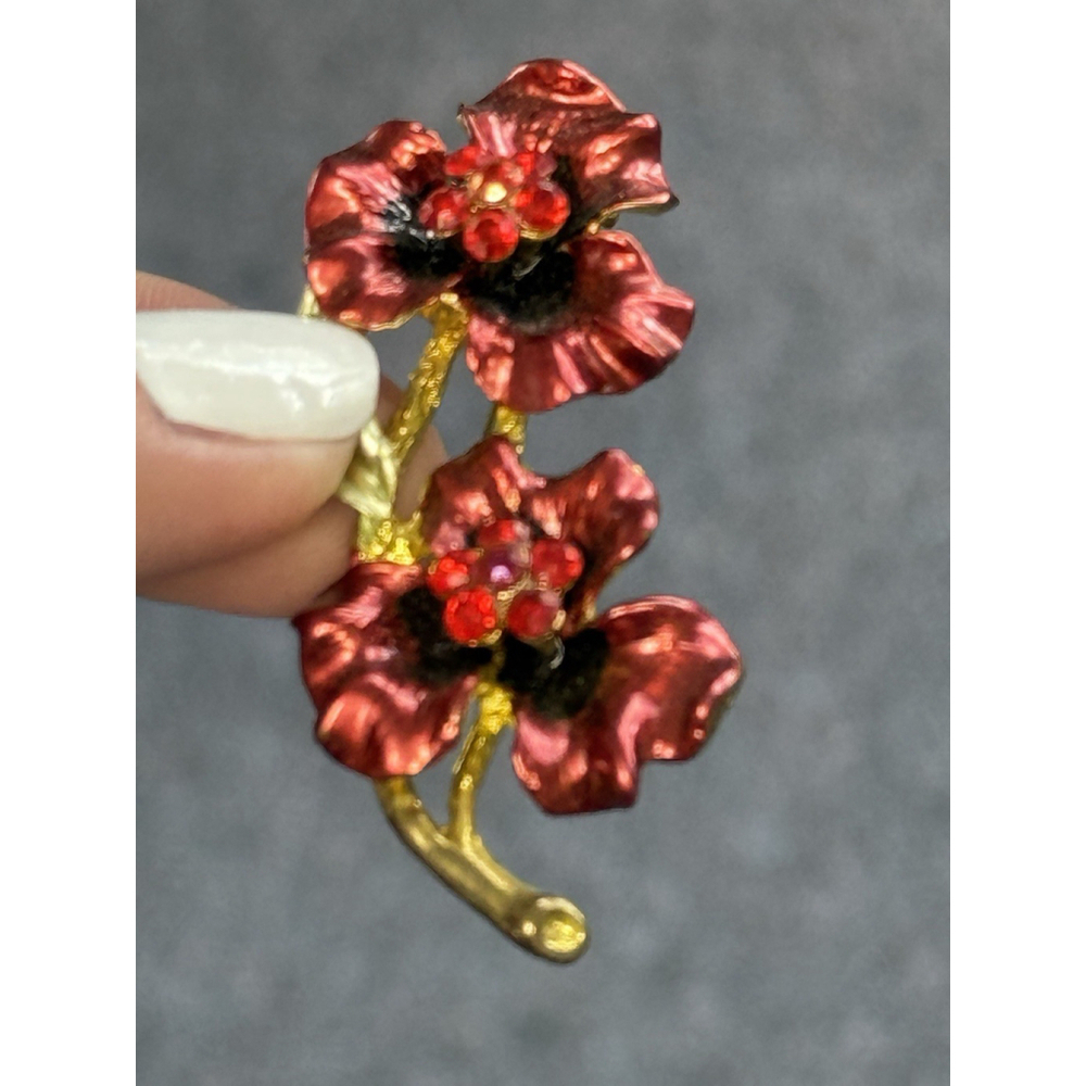 Vintage Enamel Red Rhinestone Flower Floral Jewelry Brooch Pin Good Toned - Picture 8 of 10